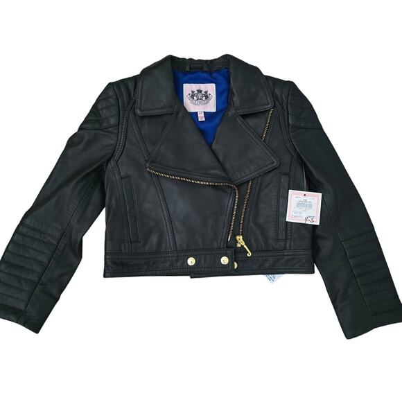 Juicy Couture Lamb Leather Motorcycle Jacket Girls 4/5 Black Biker Y2K Winter - Picture 1 of 10